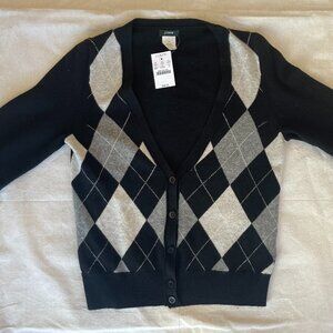 J CREW NWT Black and Light Grey Wool ARGYLE Button Down Cardigan, V neck